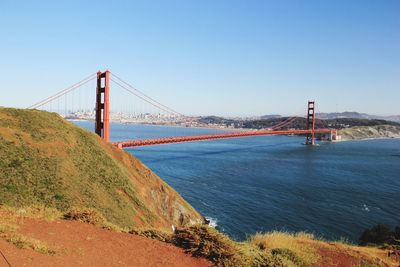 Golden gate bridge over san francisco bay against clear sky