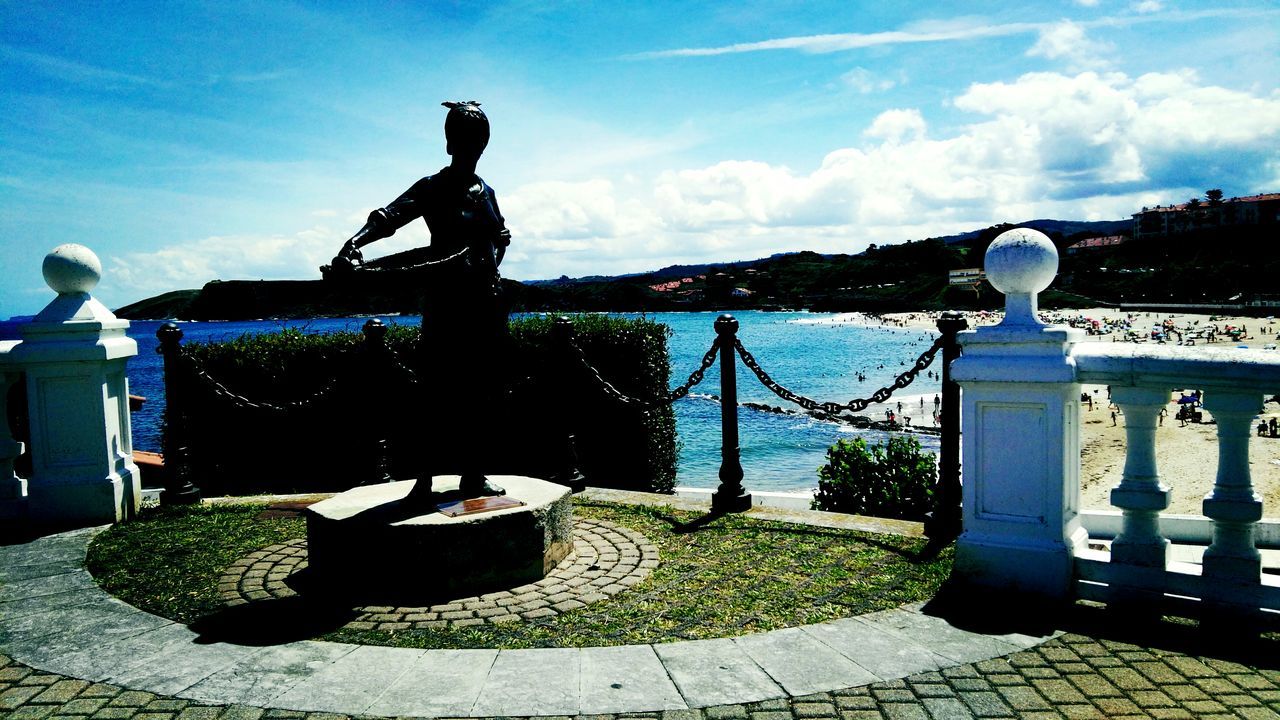 sculpture, sky, water, art, sunlight, cloud - sky, outdoors, day, blue, no people, cloud, nature, travel destinations, tranquility, sunny