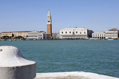 Venice, italy. city skyline, boat traffic in the venetian lagoon, blue and clear sky, sunny day 