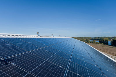 Solar panel on a farm roof. drone point of view