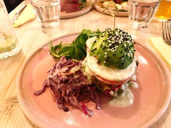 High angle view of meal served on table