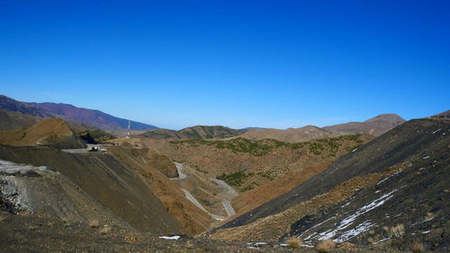 Scenic view of mountains against clear blue sky