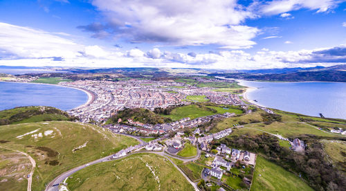 High angle view of bay against sky