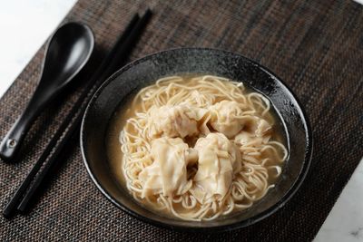 High angle view of noodles in bowl on table