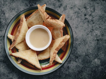 High angle view of breakfast in bowl on table