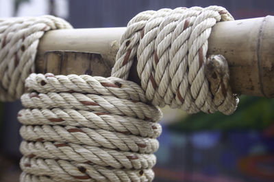 Close-up of rope tied to wood
