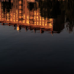 Reflection of trees in lake at sunset