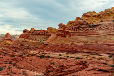Rock formations on landscape against cloudy sky