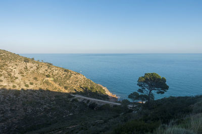 Scenic view of sea against clear blue sky