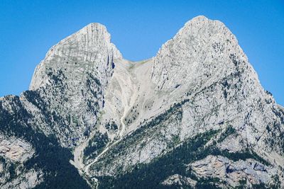 Low angle view of snowcapped mountain against clear blue sky