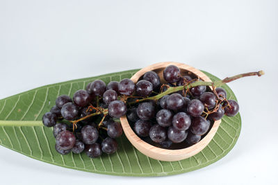 Close-up of grapes in bowl against white background