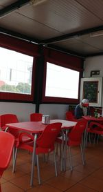 Empty chairs and tables in restaurant