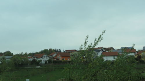 Houses by trees against sky