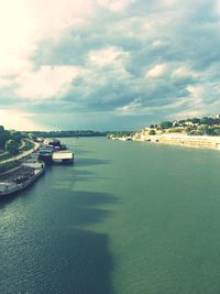 High angle view of bay against sky