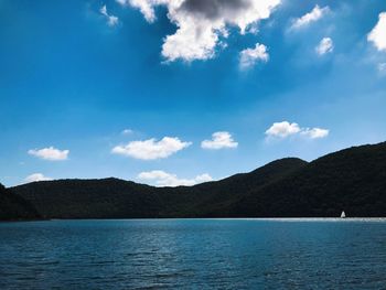 Scenic view of lake by mountains against sky