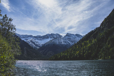 Scenic view of lake by mountains against sky