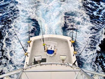 High angle view of ship sailing in sea