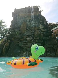 Toy floating on water against sky