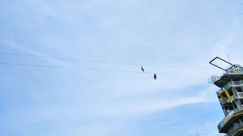 Low angle view of birds flying against blue sky