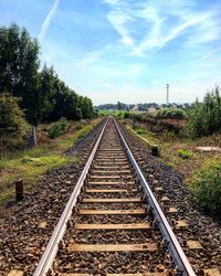 Railroad tracks amidst trees against sky