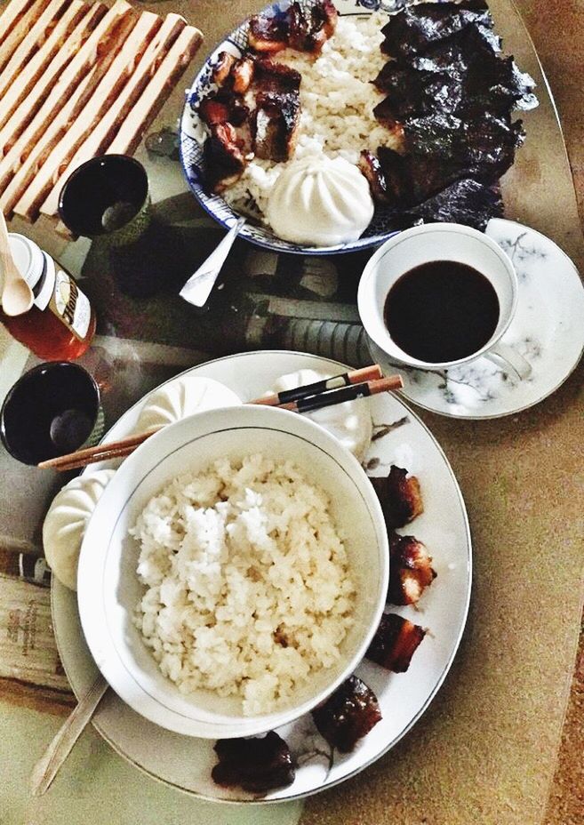 food and drink, food, indoors, freshness, plate, table, ready-to-eat, high angle view, drink, still life, coffee cup, spoon, serving size, healthy eating, breakfast, coffee - drink, indulgence, bowl, fork, saucer