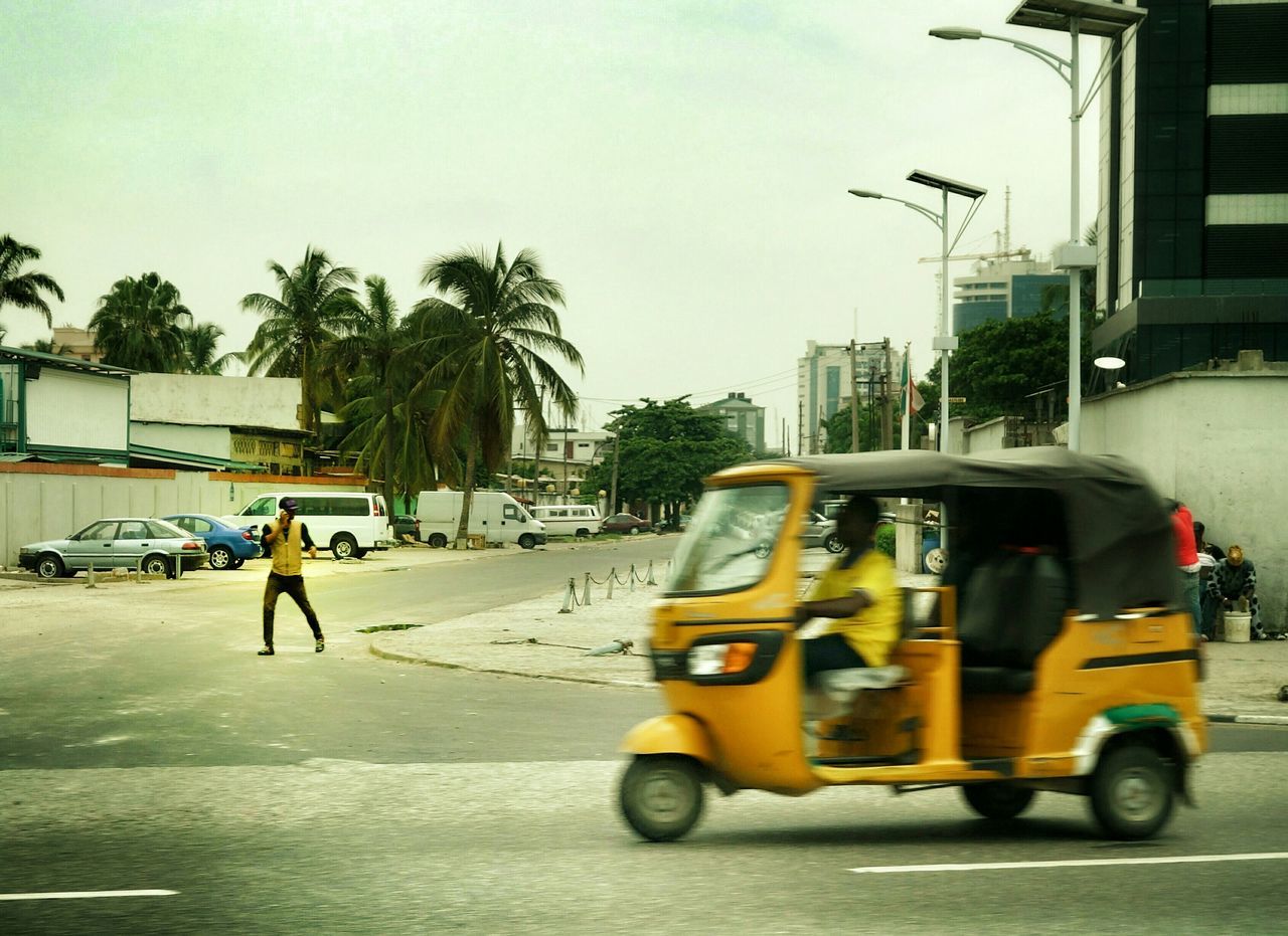 transportation, land vehicle, mode of transport, tree, street, car, building exterior, road, architecture, built structure, city, stationary, bicycle, parked, parking, day, palm tree, men, clear sky