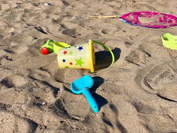 High angle view of toy on beach