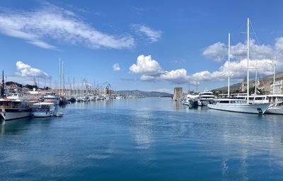 Sailboats moored in harbor