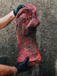 Close-up of man holding meat