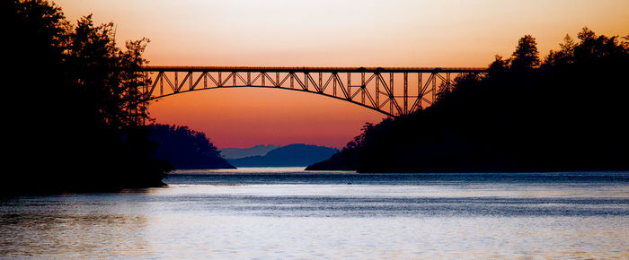 Silhouette bridge over river against sky during sunset