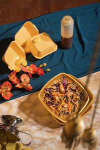 High angle view of people on table