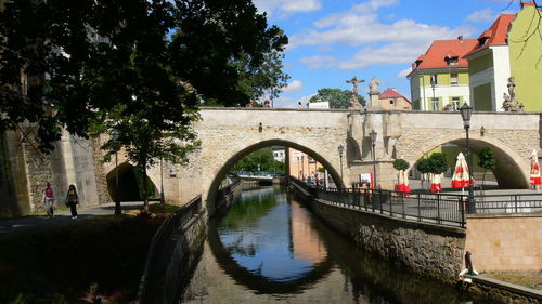 Footbridge over river against sky