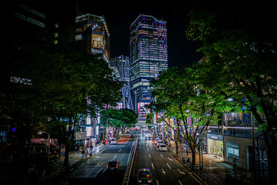 High angle view of city street at night