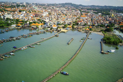 High angle view of boats in sea