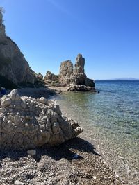 Scenic view of sea against clear blue sky