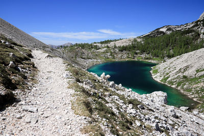 Scenic view of river amidst mountains against blue sky