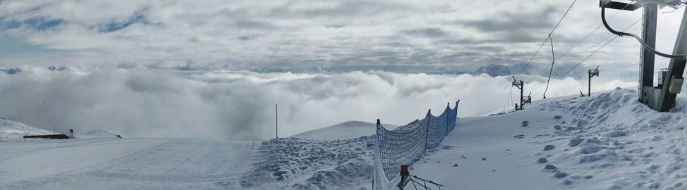 Panoramic view of snow covered mountains against sky