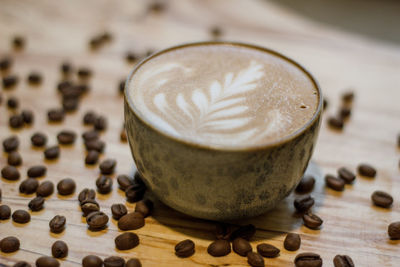 Close-up of coffee cup on table