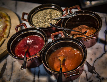 High angle view of food in cooking pan on table