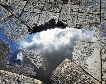 Reflection of clouds in puddle