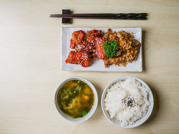 High angle view of food in plate on table
