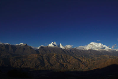 Scenic view of snowcapped mountains against clear blue sky