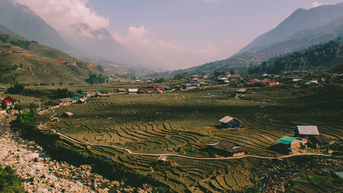 High angle view of agricultural field against sky