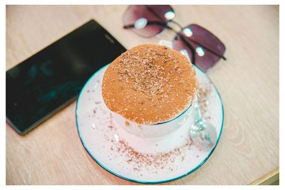 High angle view of cake in plate on table