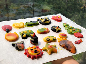 High angle view of cookies on table