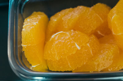 High angle view of oranges in bowl