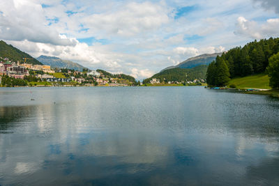 Scenic view of lake by trees against sky