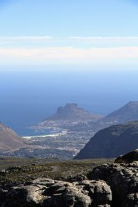 Scenic view of sea and mountains against sky