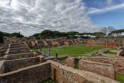 Ostia antica, overview of the archaeological park with the excavation areas, the roman necropolis