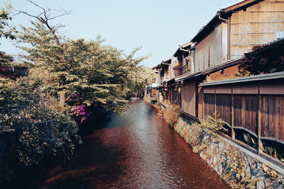 Canal amidst trees and buildings against sky
